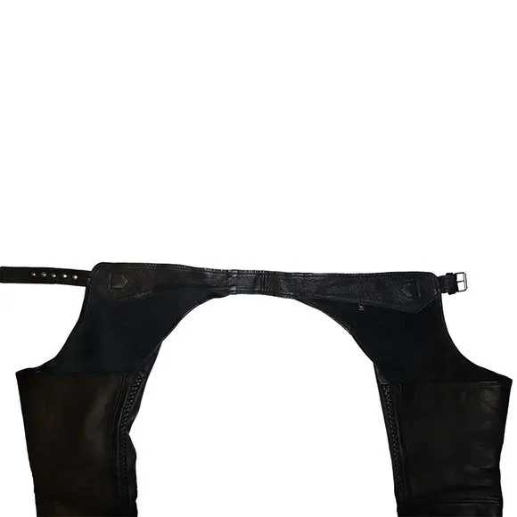 Vintage Black Genuine Leather Motorcycle Riding Chaps Heavy Leather Halloween - Picture 9 of 11